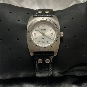 Roots Silver and Black Leather Watch